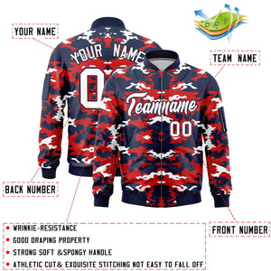 Custom Navy Red-White Varsity Full-Zip Camo Letterman Bomber Jacket