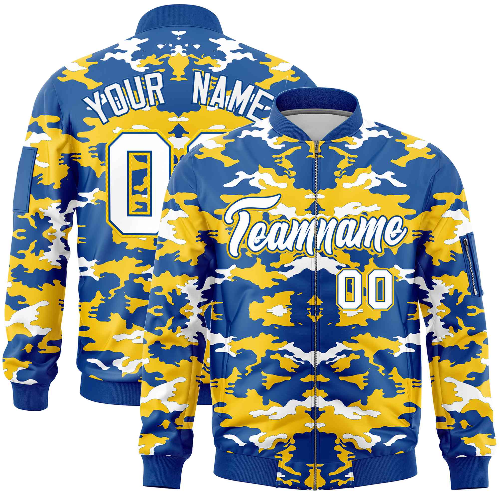 Custom Royal Yellow-White Varsity Full-Zip Camo Letterman Bomber Jacket