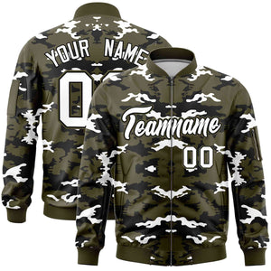 Custom Olive Black-White Varsity Full-Zip Camo Letterman Bomber Jacket