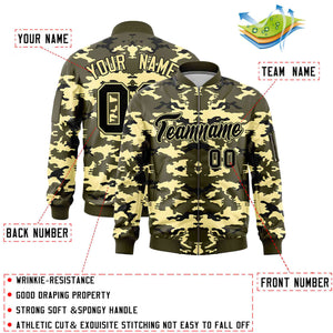 Custom Olive Black-Khaki Varsity Full-Zip Camo Letterman Bomber Jacket