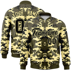 Custom Olive Black-Khaki Varsity Full-Zip Camo Letterman Bomber Jacket