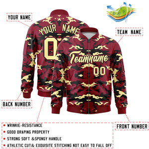 Custom Crimson Black-Khaki Varsity Full-Zip Camo Letterman Bomber Jacket