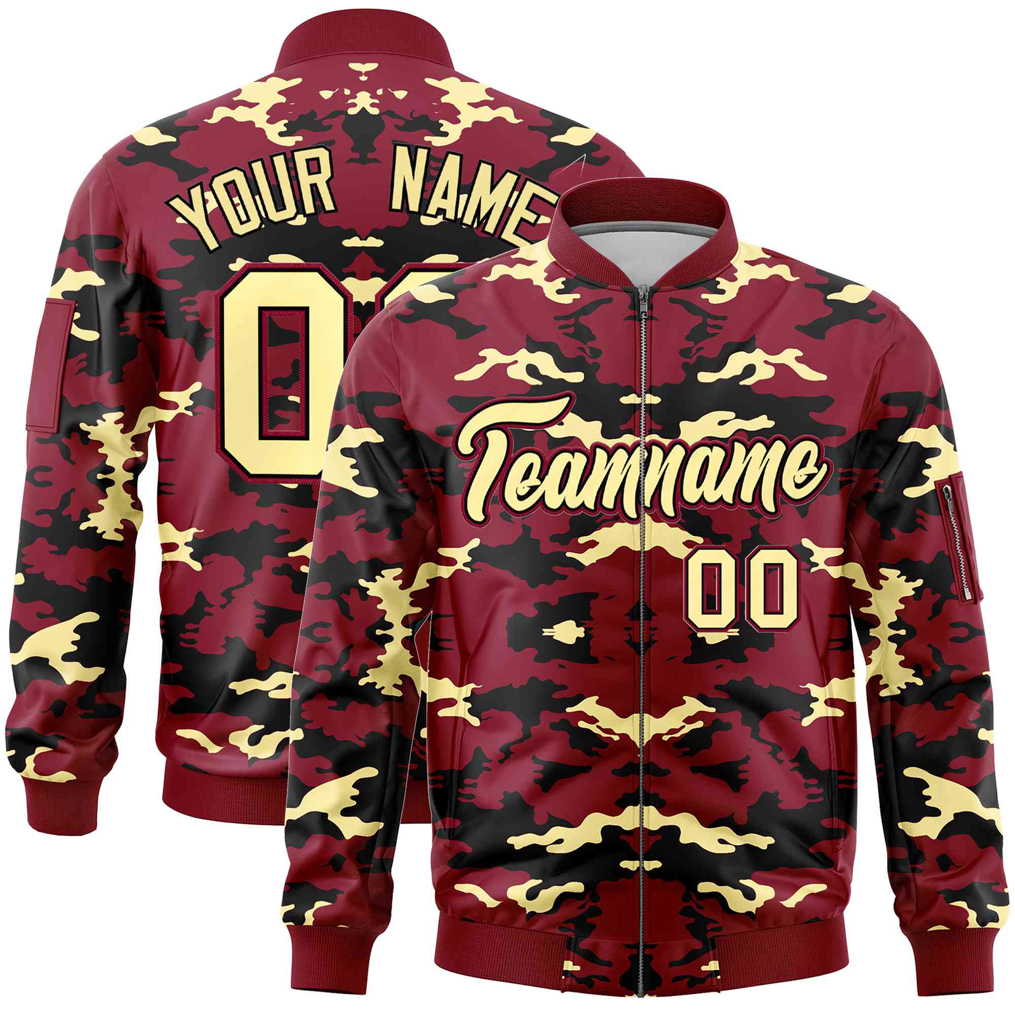 Custom Crimson Black-Khaki Varsity Full-Zip Camo Letterman Bomber Jacket