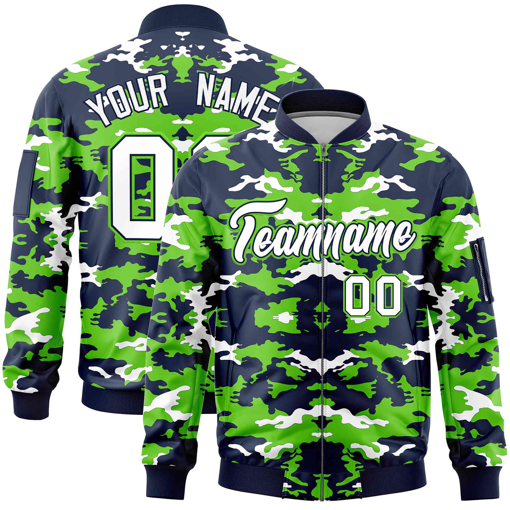 Custom Navy Neon Green-White Varsity Full-Zip Camo Letterman Bomber Jacket