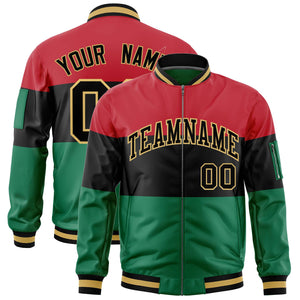 Custom Red Black-Kelly Green Varsity Full-Zip Color Block Letterman Bomber Jacket