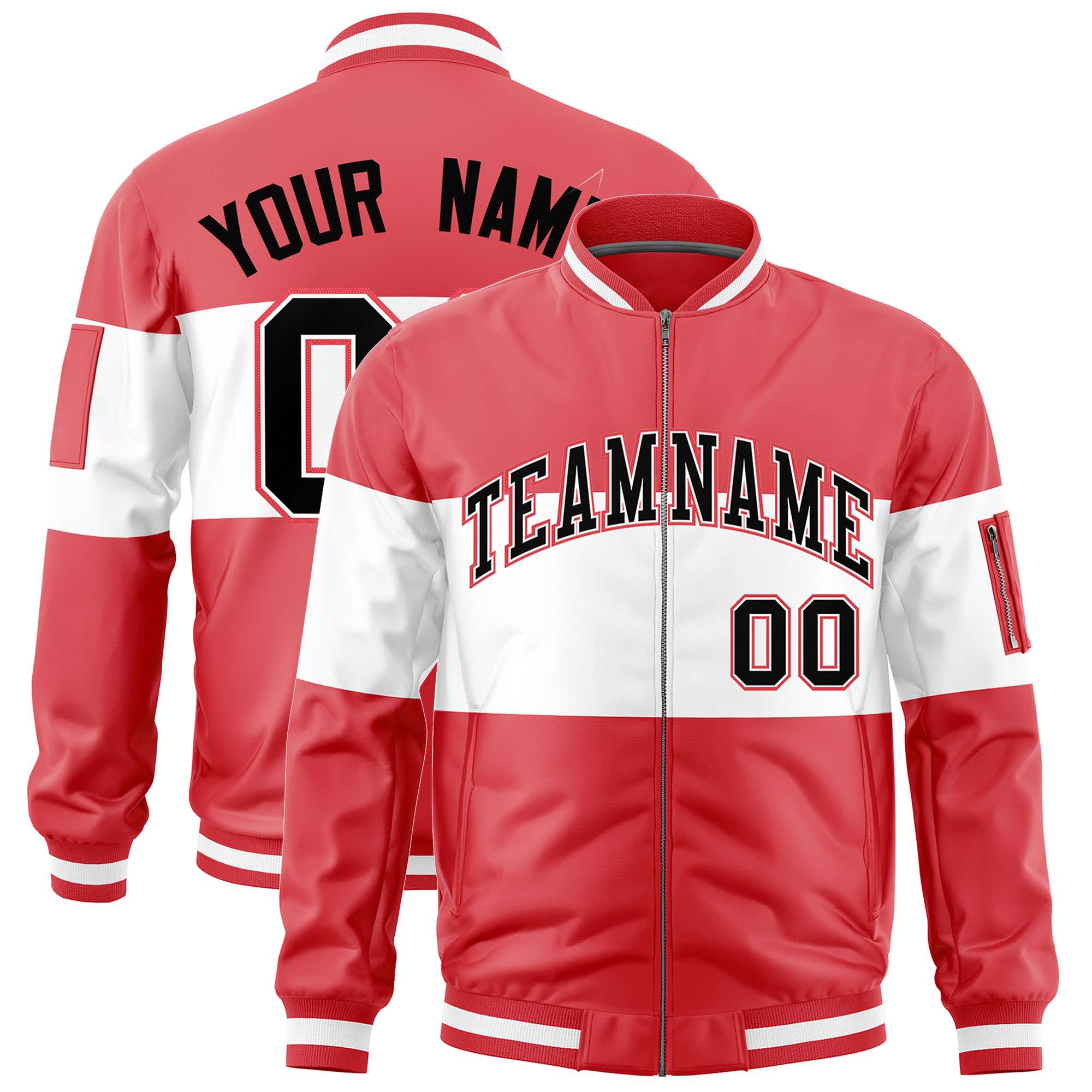 Custom Light Red White-Light Red Varsity Full-Zip Color Block Letterman Bomber Jacket