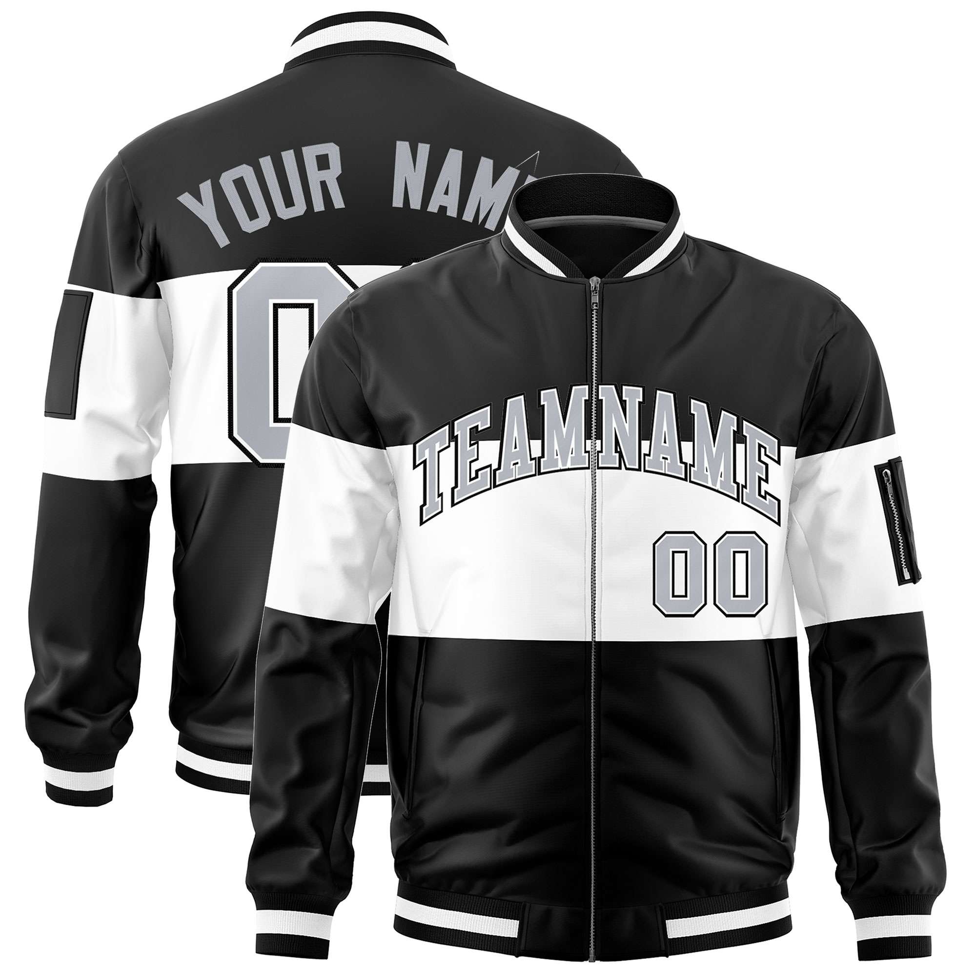 Custom Black White-Black Varsity Full-Zip Color Block Letterman Bomber Jacket