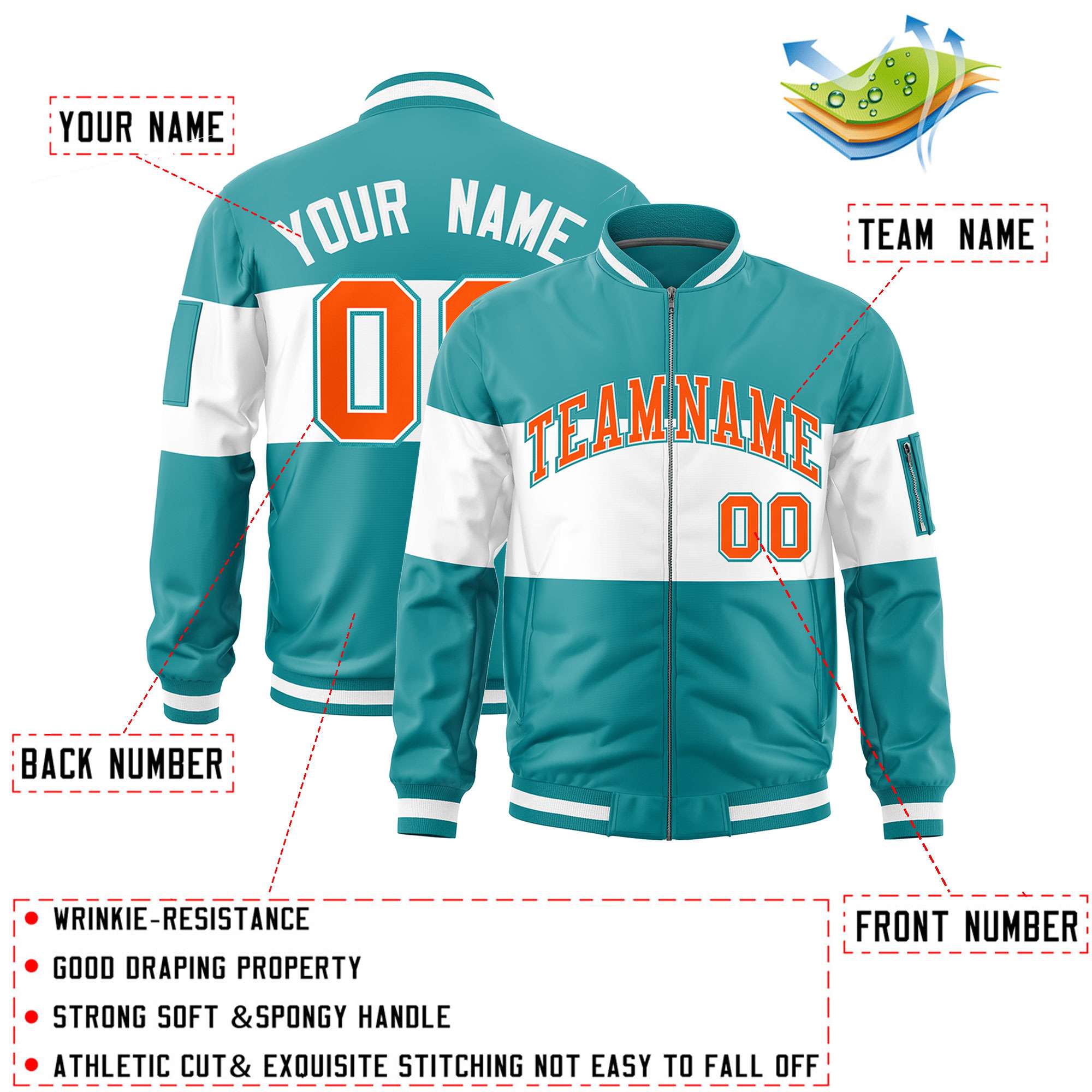 Custom Aqua White-Aqua Varsity Full-Zip Color Block Letterman Bomber Jacket