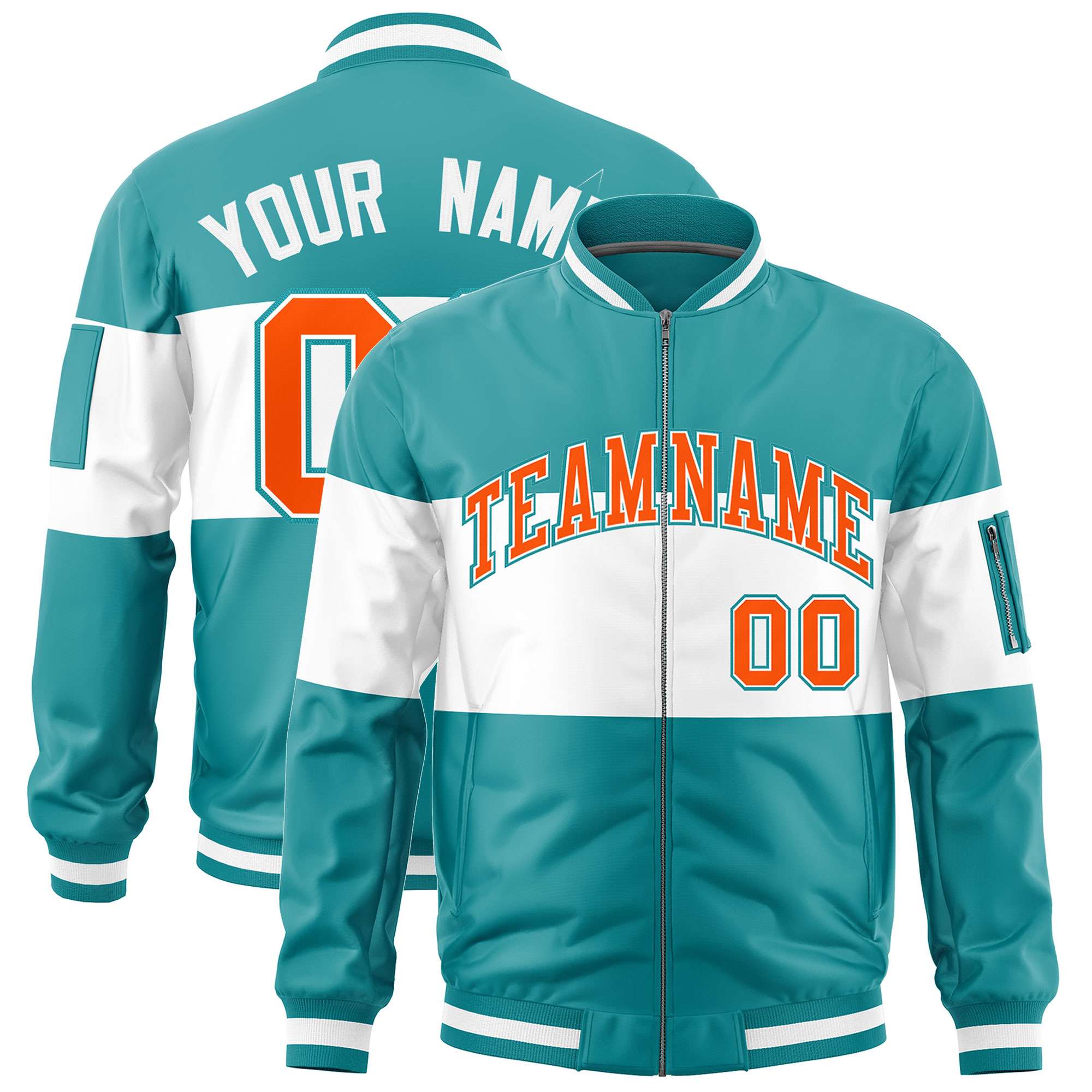 Custom Aqua White-Aqua Varsity Full-Zip Color Block Letterman Bomber Jacket