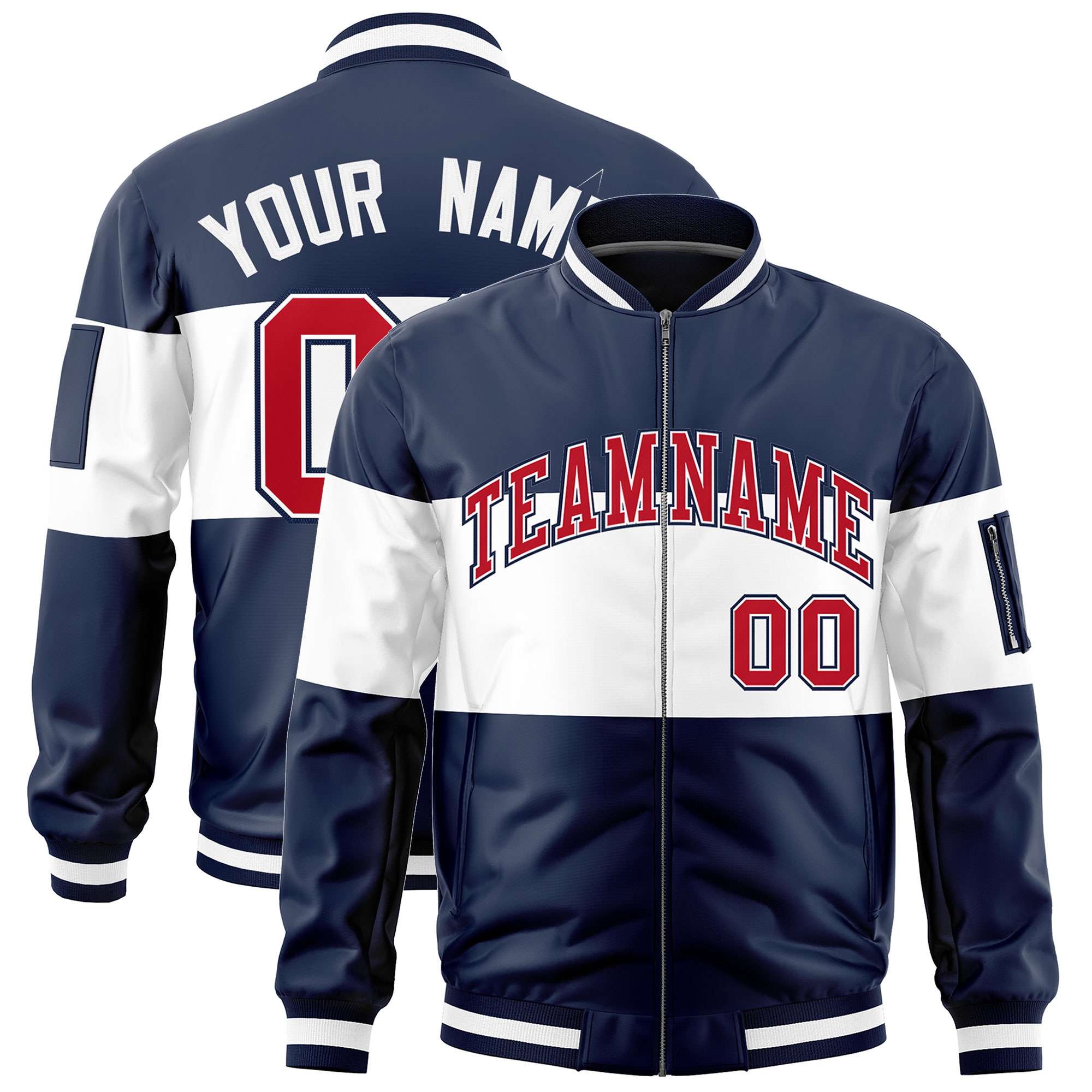 Custom Navy White-Navy Varsity Full-Zip Color Block Letterman Bomber Jacket