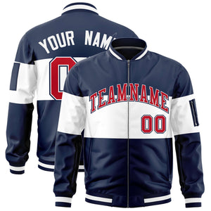 Custom Navy White-Navy Varsity Full-Zip Color Block Letterman Bomber Jacket