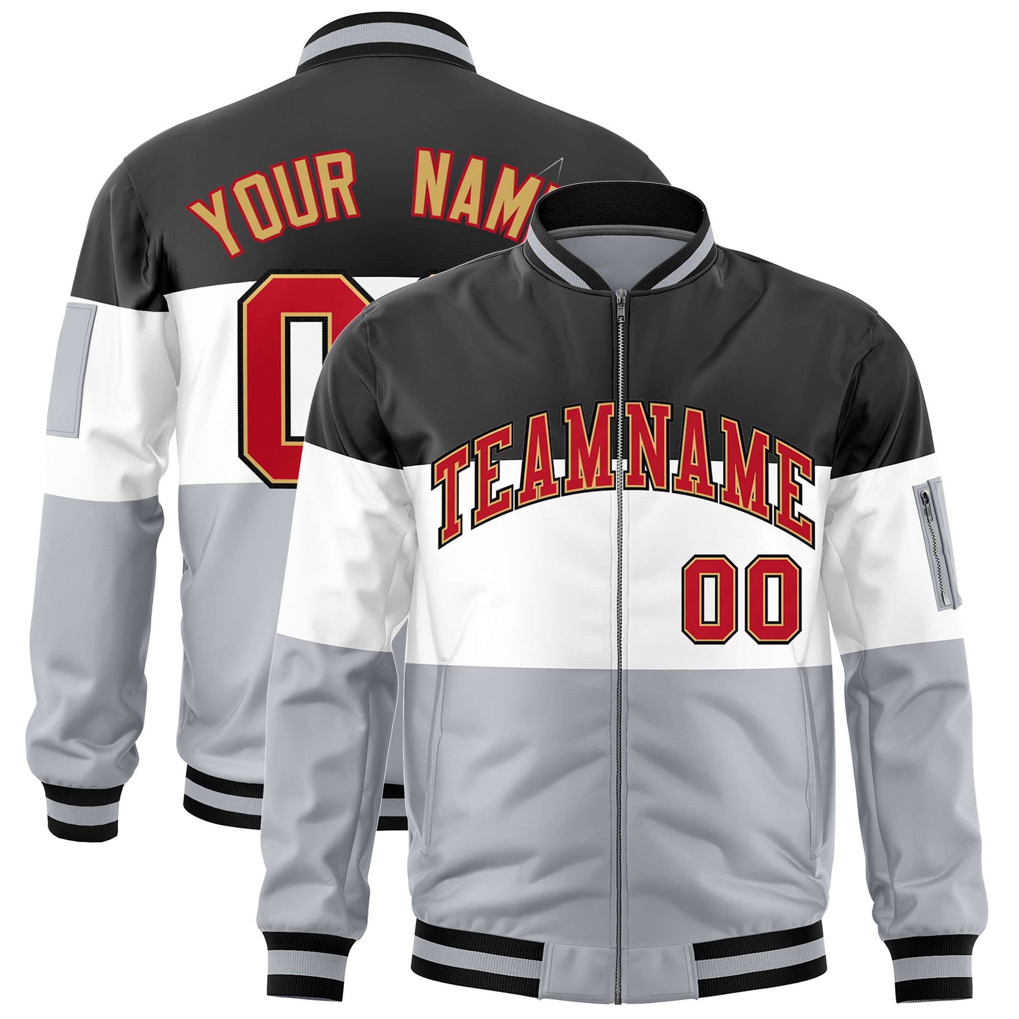 Custom Black White-Silver Varsity Full-Zip Color Block Letterman Bomber Jacket