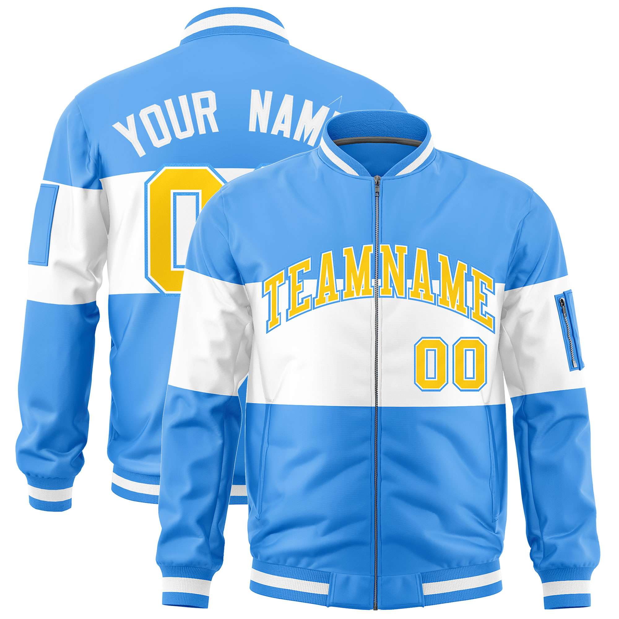 Custom Powder Blue White-Powder Blue Varsity Full-Zip Color Block Letterman Bomber Jacket