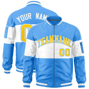 Custom Powder Blue White-Powder Blue Varsity Full-Zip Color Block Letterman Bomber Jacket