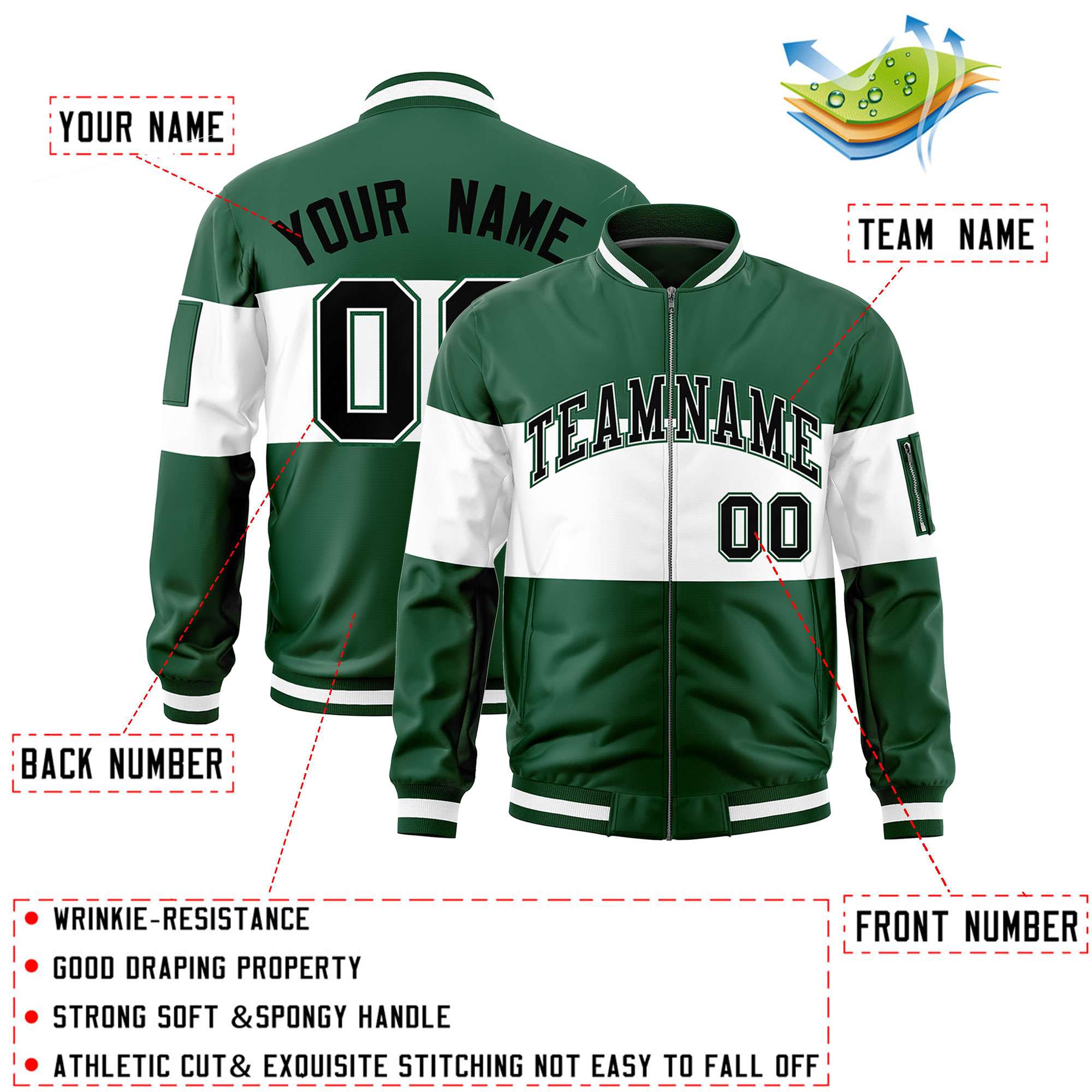 Custom Green White-Green Varsity Full-Zip Color Block Letterman Bomber Jacket