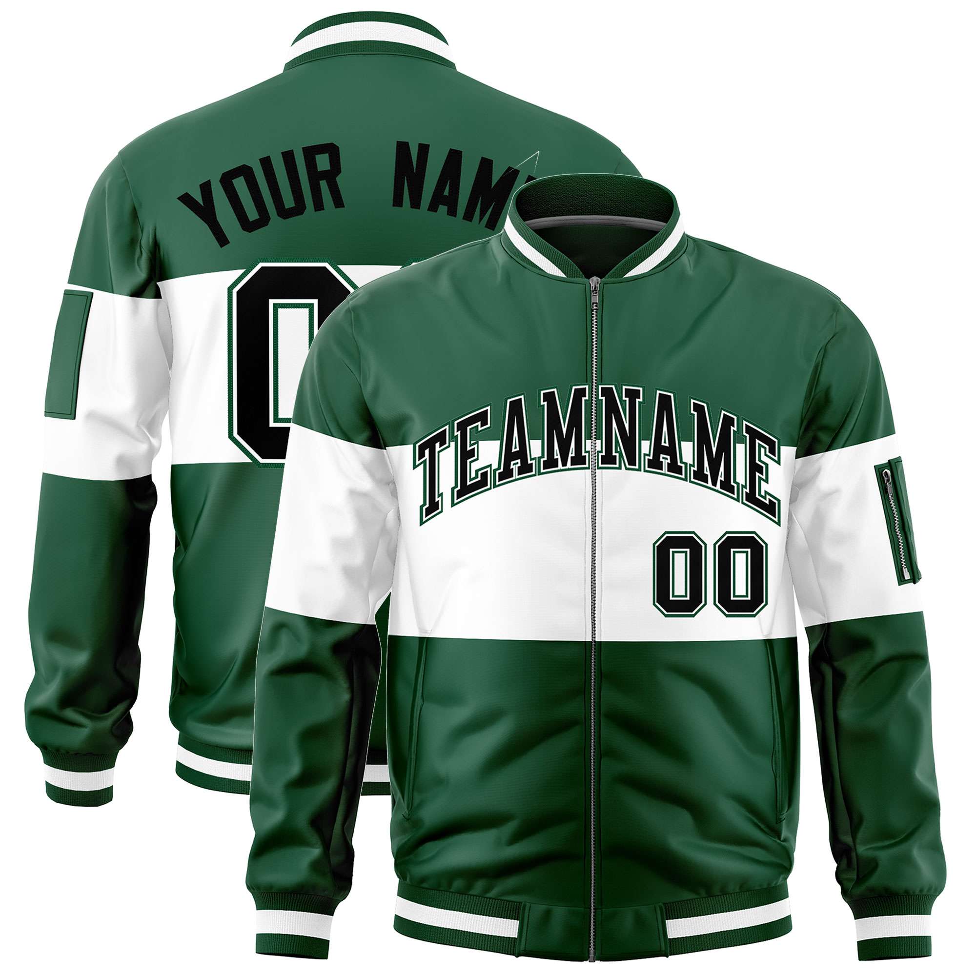 Custom Green White-Green Varsity Full-Zip Color Block Letterman Bomber Jacket