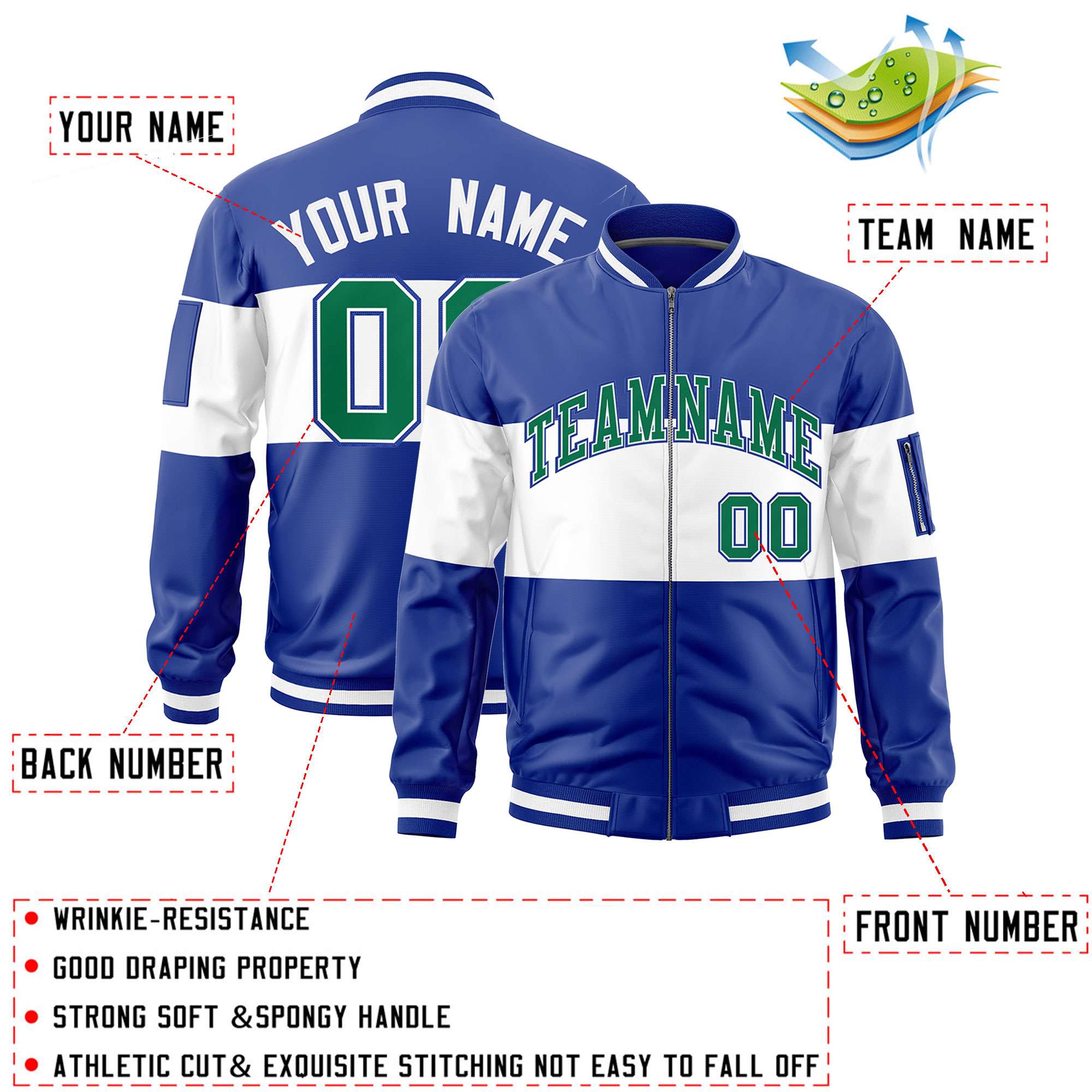 Custom Royal White-Royal Varsity Full-Zip Color Block Letterman Bomber Jacket