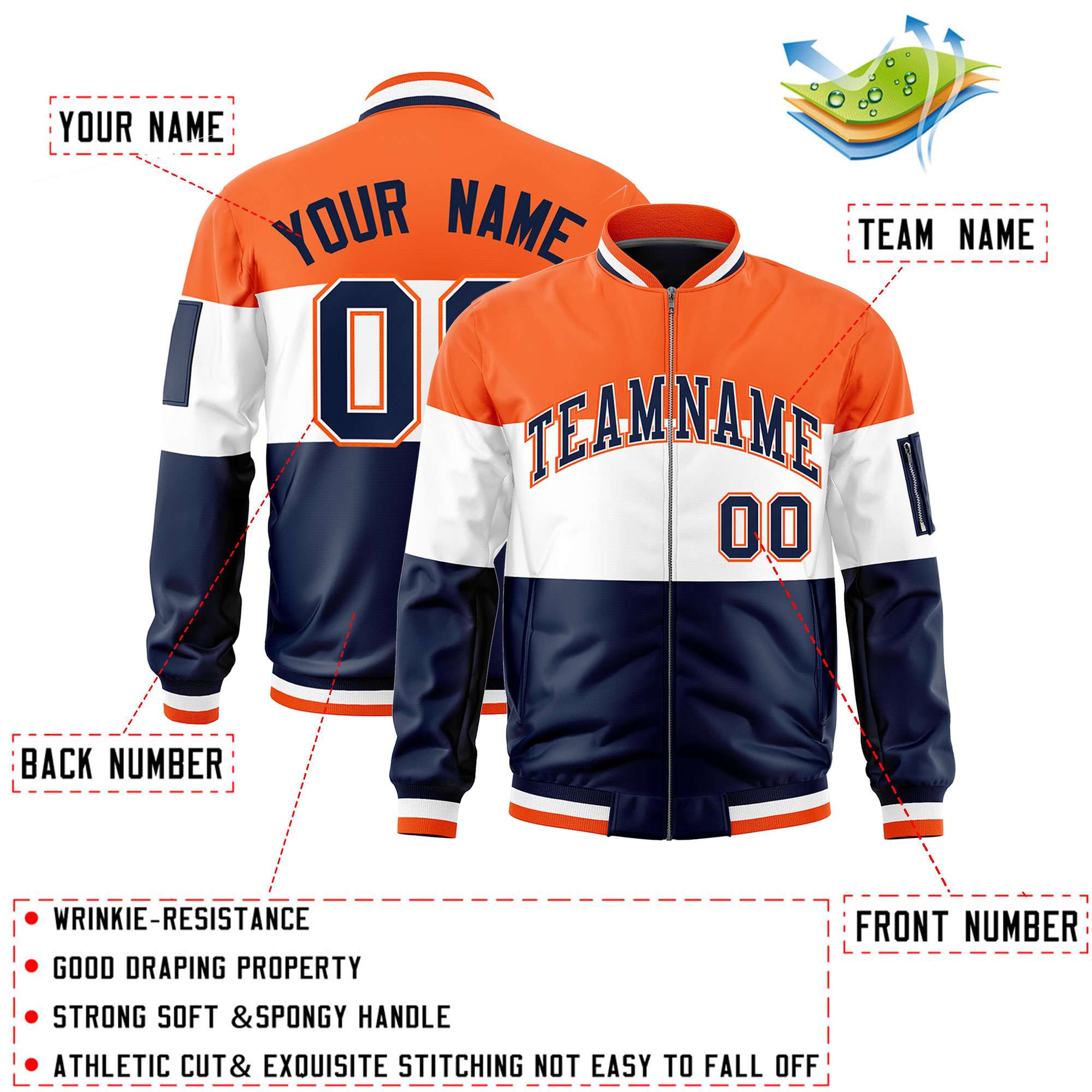 Custom Navy White-Orange Varsity Full-Zip Color Block Letterman Bomber Jacket