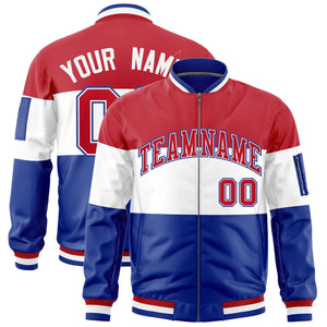 Custom Red White-Royal Varsity Full-Zip Color Block Letterman Bomber Jacket