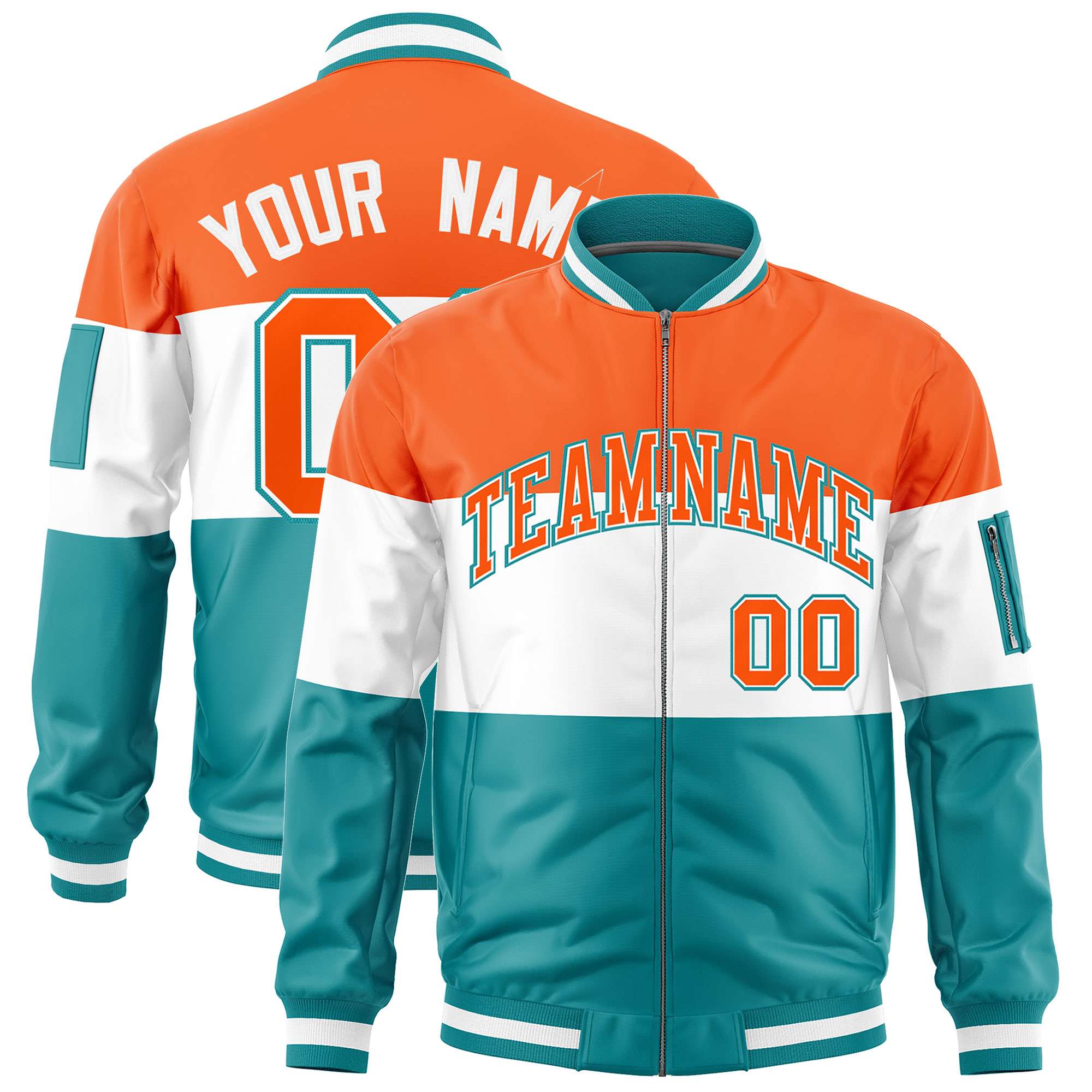 Custom Orange White-Aqua Varsity Full-Zip Color Block Letterman Bomber Jacket