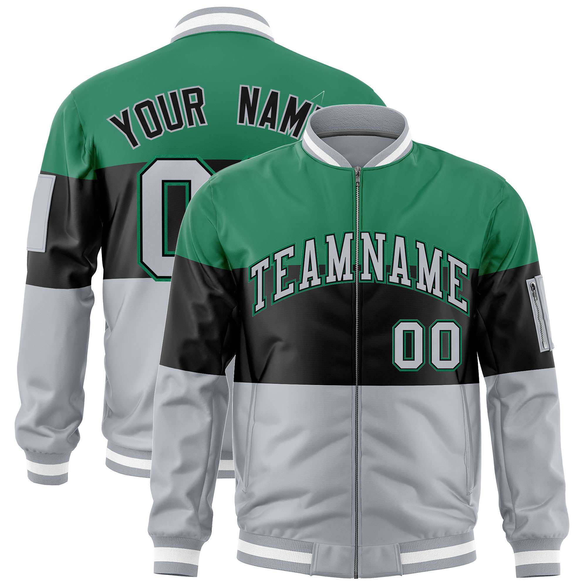 Custom Kelly Green Black-Silver Varsity Full-Zip Color Block Letterman Bomber Jacket