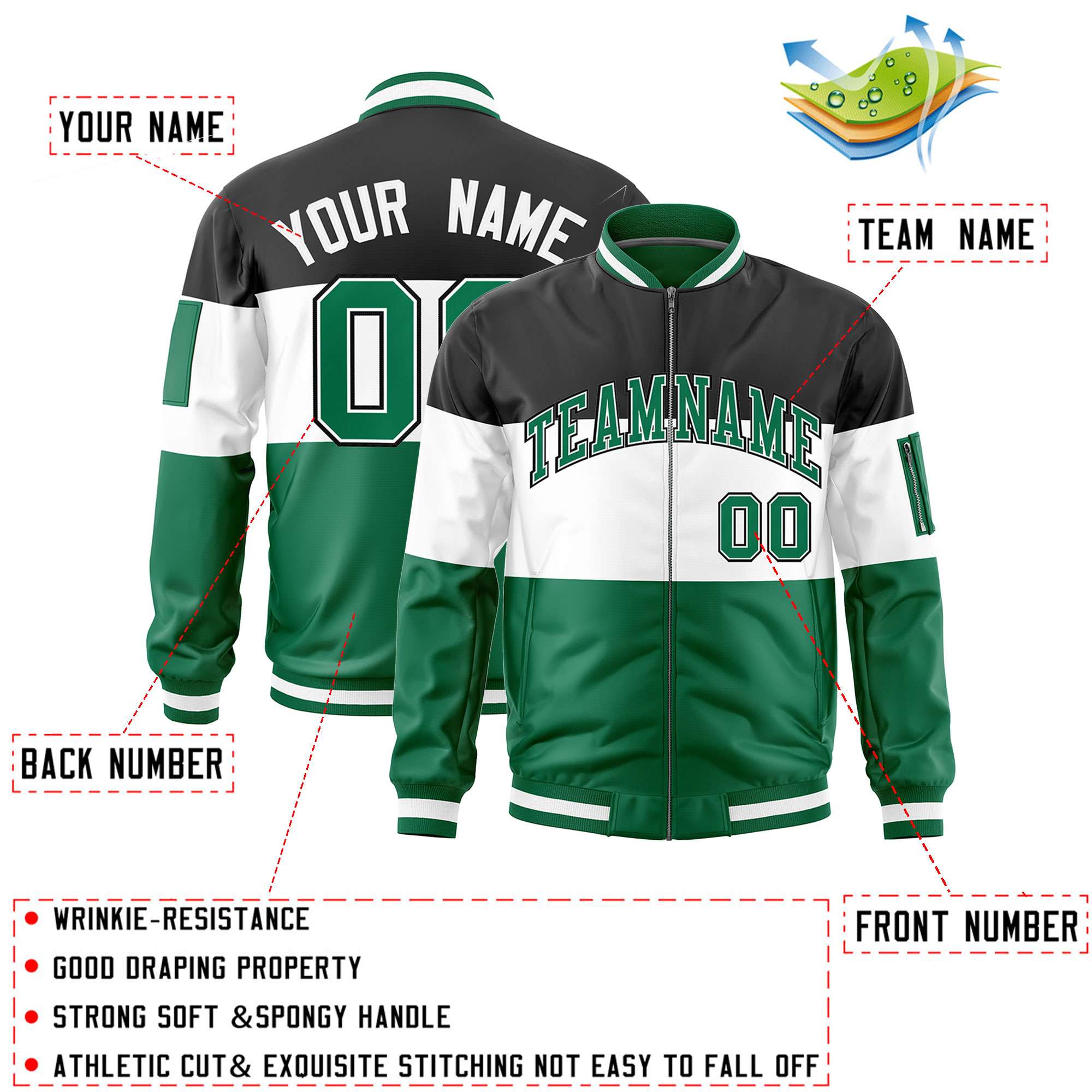 Custom Black White-Kelly Green Varsity Full-Zip Color Block Letterman Bomber Jacket