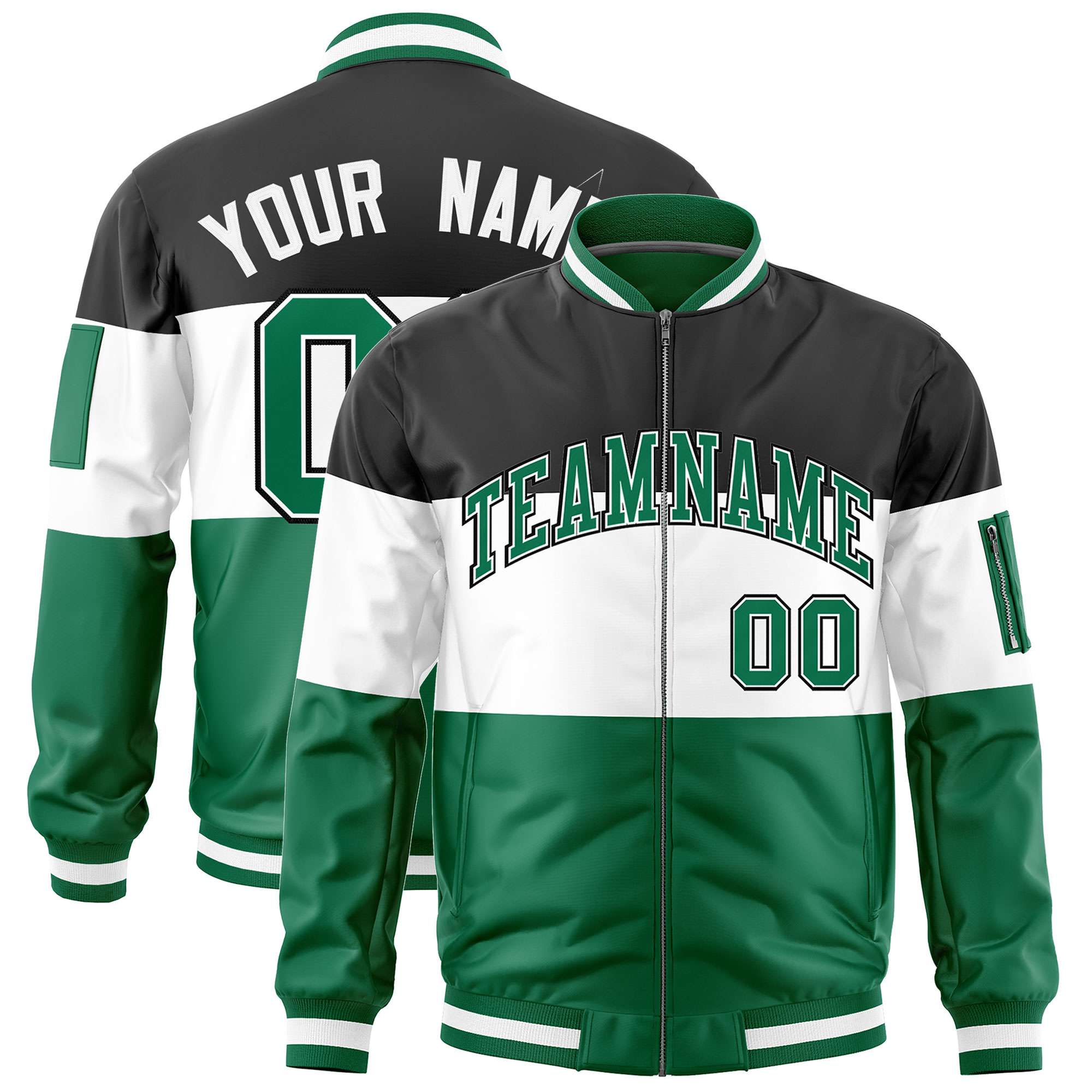 Custom Black White-Kelly Green Varsity Full-Zip Color Block Letterman Bomber Jacket