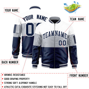 Custom White Silver-Navy Varsity Full-Zip Color Block Letterman Bomber Jacket