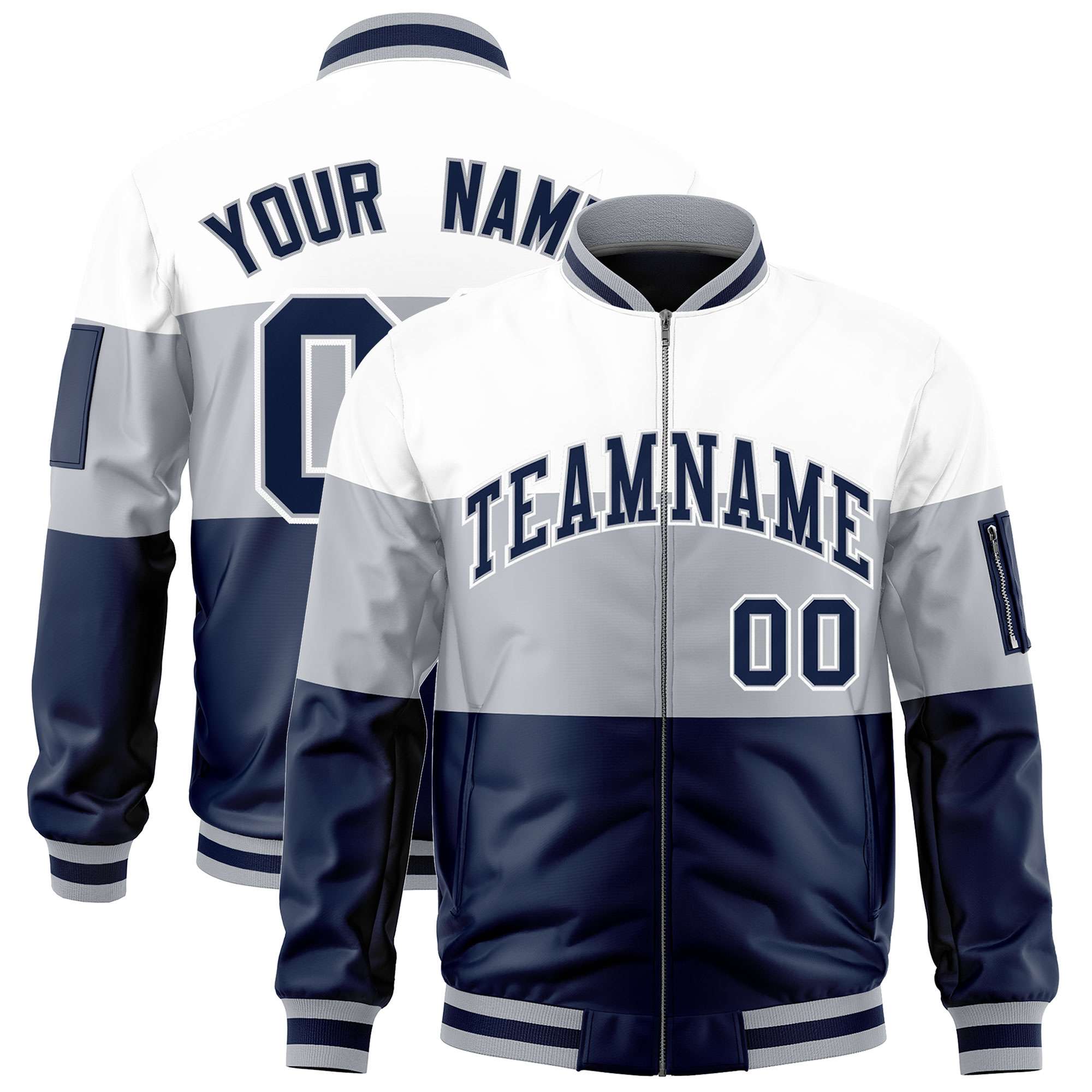 Custom White Silver-Navy Varsity Full-Zip Color Block Letterman Bomber Jacket