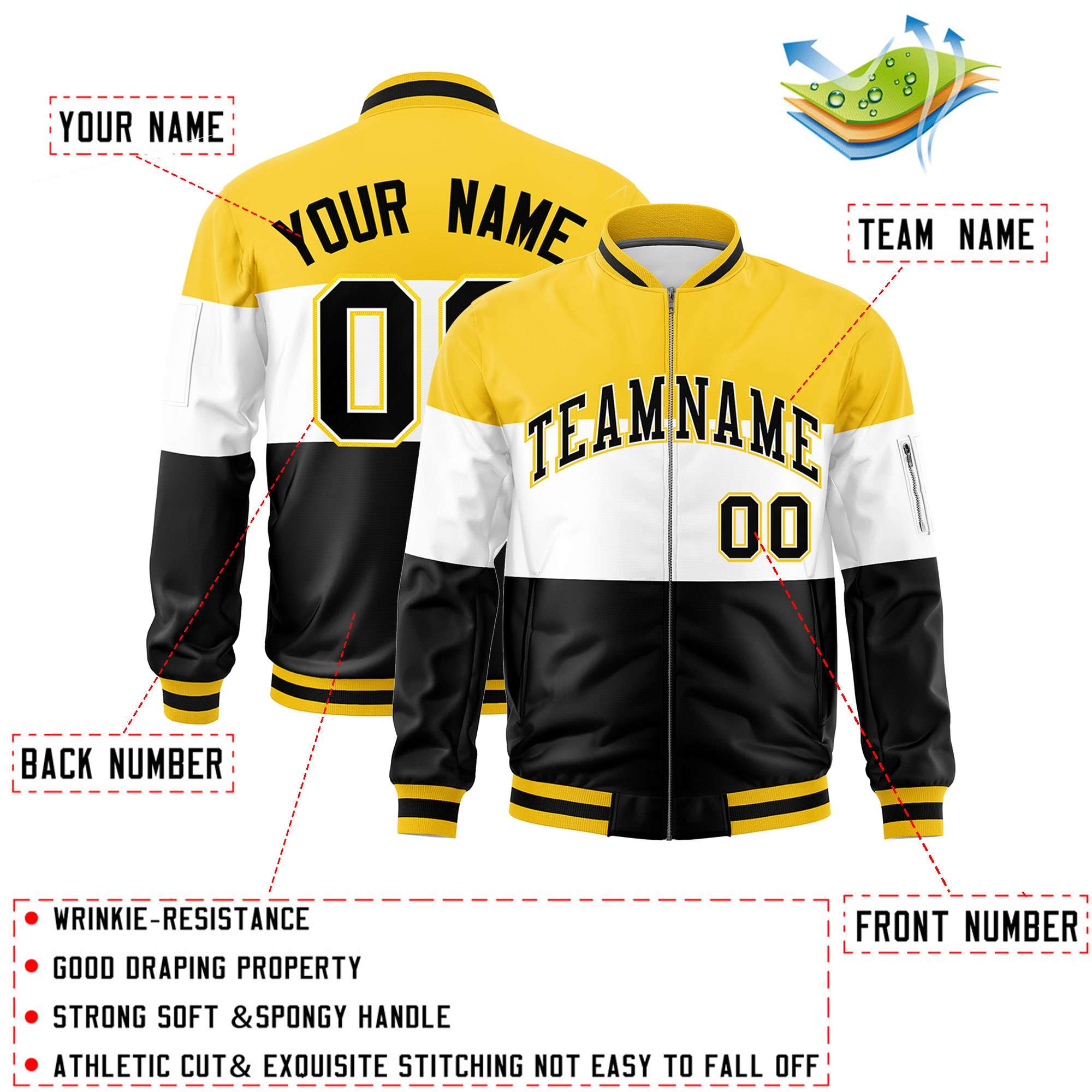 Custom Gold White-Black Varsity Full-Zip Color Block Letterman Bomber Jacket