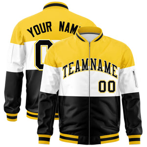 Custom Gold White-Black Varsity Full-Zip Color Block Letterman Bomber Jacket