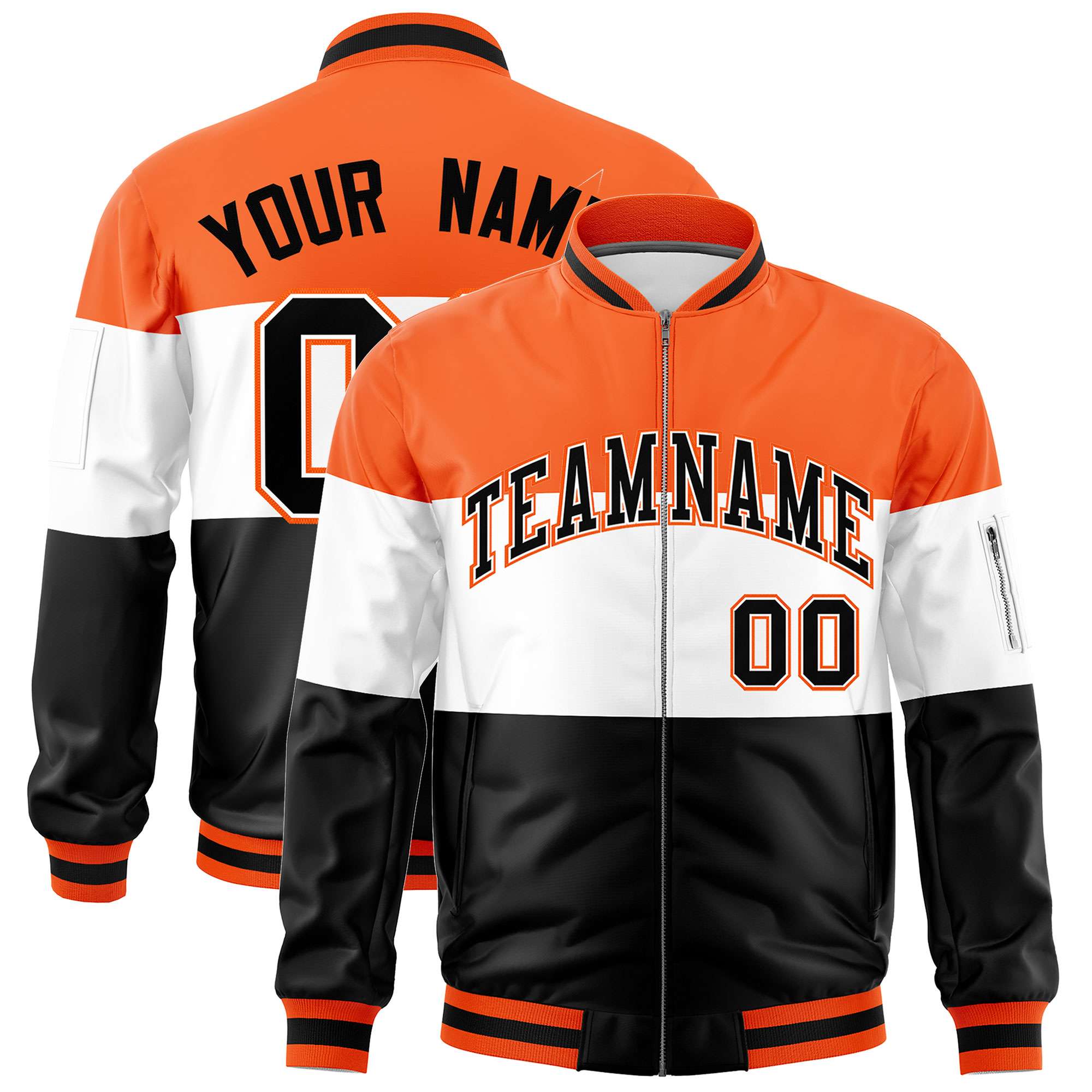 Custom Orange White-Black Varsity Full-Zip Color Block Letterman Bomber Jacket