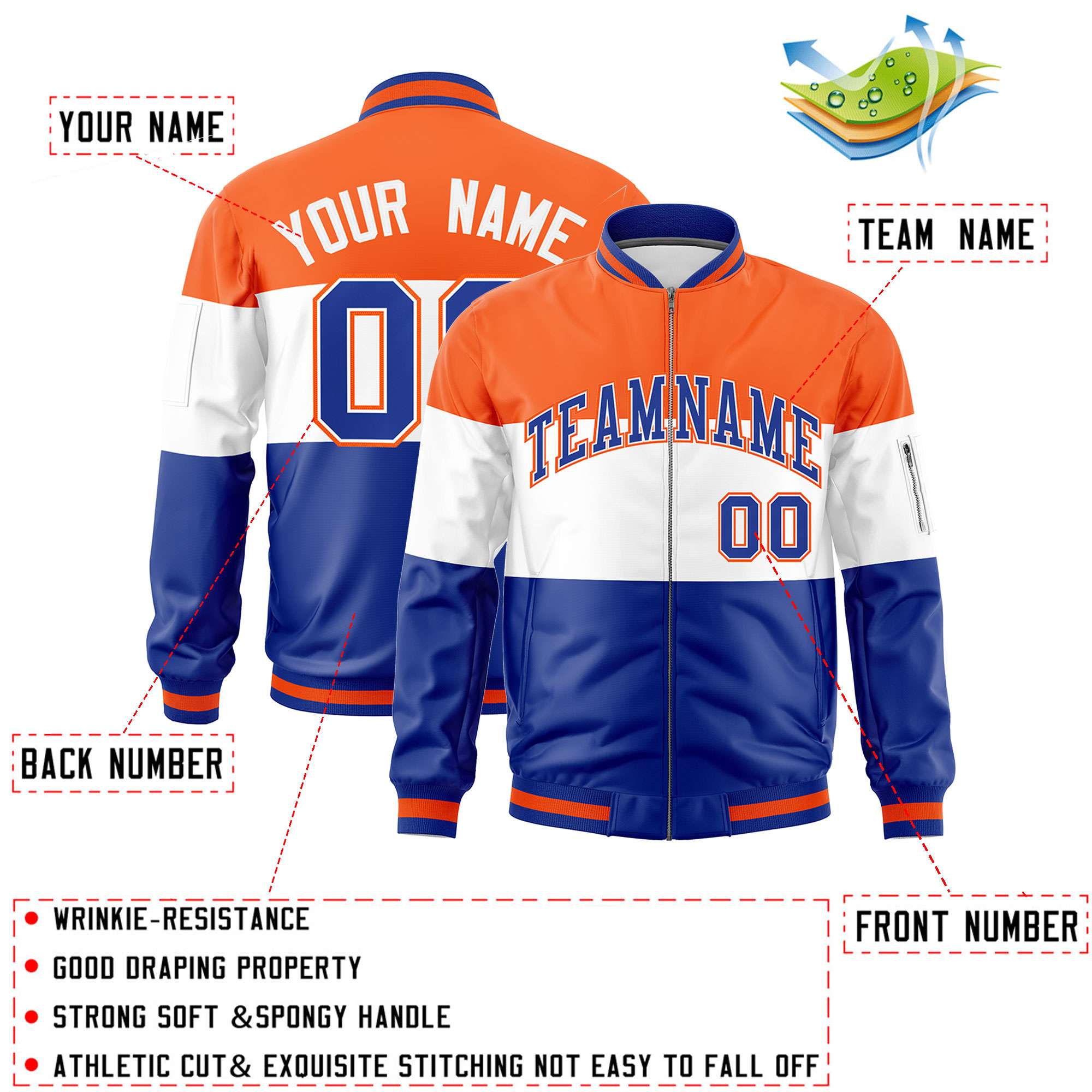 Custom Orange White-Royal Varsity Full-Zip Color Block Letterman Bomber Jacket