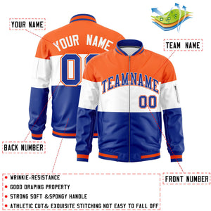 Custom Orange White-Royal Varsity Full-Zip Color Block Letterman Bomber Jacket