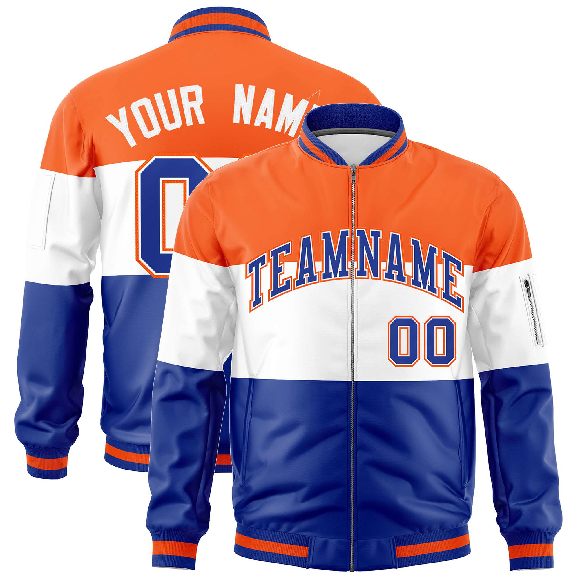 Custom Orange White-Royal Varsity Full-Zip Color Block Letterman Bomber Jacket