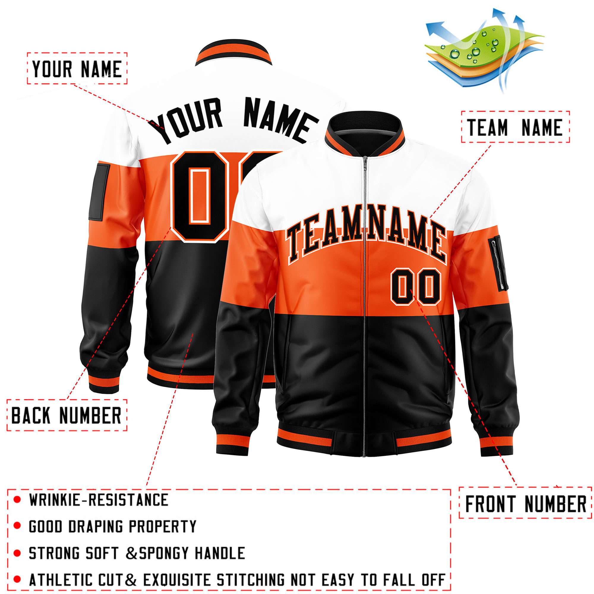 Custom White Orange-Black Varsity Full-Zip Color Block Letterman Bomber Jacket