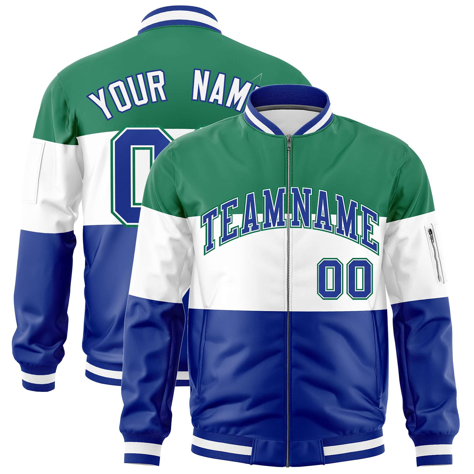 Custom Kelly Green White-Royal Varsity Full-Zip Color Block Letterman Bomber Jacket