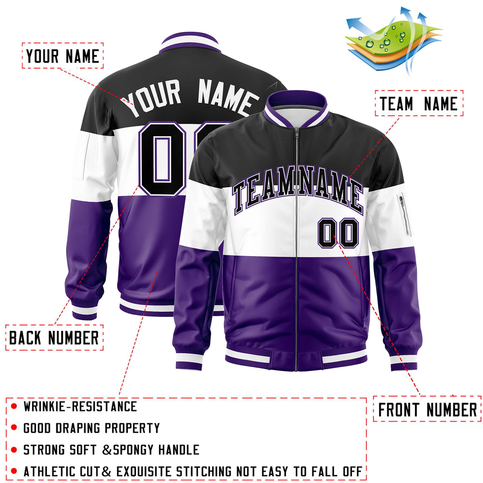 Custom Black White-Purple Varsity Full-Zip Color Block Letterman Bomber Jacket