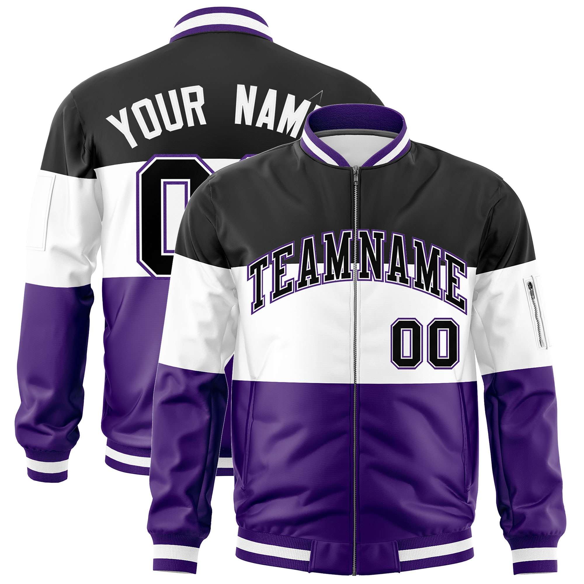 Custom Black White-Purple Varsity Full-Zip Color Block Letterman Bomber Jacket