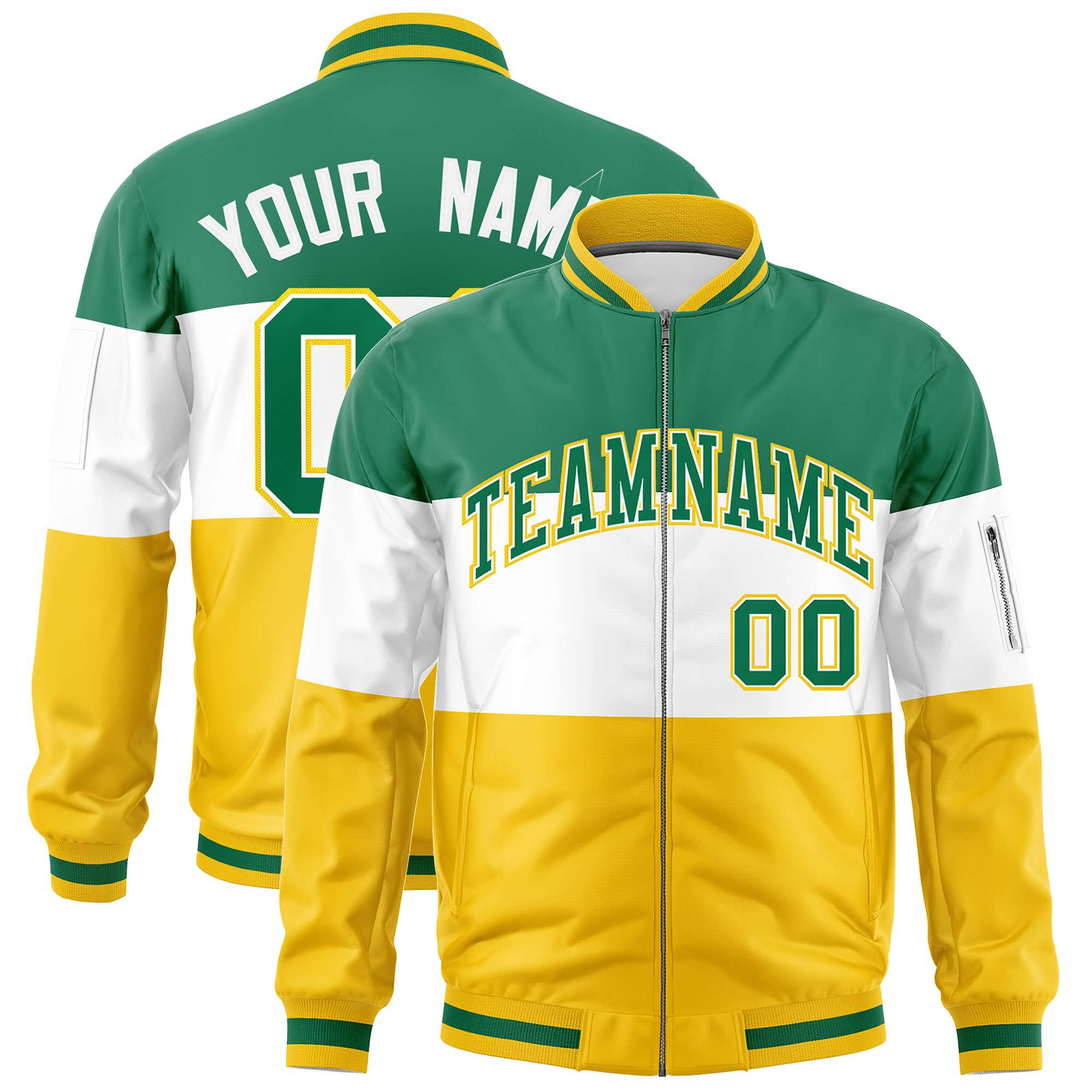 Custom Kelly Green White-Gold Varsity Full-Zip Color Block Letterman Bomber Jacket