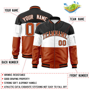 Custom Black White-Texas Orange Varsity Full-Zip Color Block Letterman Bomber Jacket