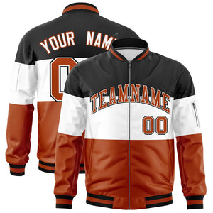 Custom Black White-Texas Orange Varsity Full-Zip Color Block Letterman Bomber Jacket