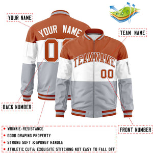 Custom Texas Orange White-Silver Varsity Full-Zip Color Block Letterman Bomber Jacket