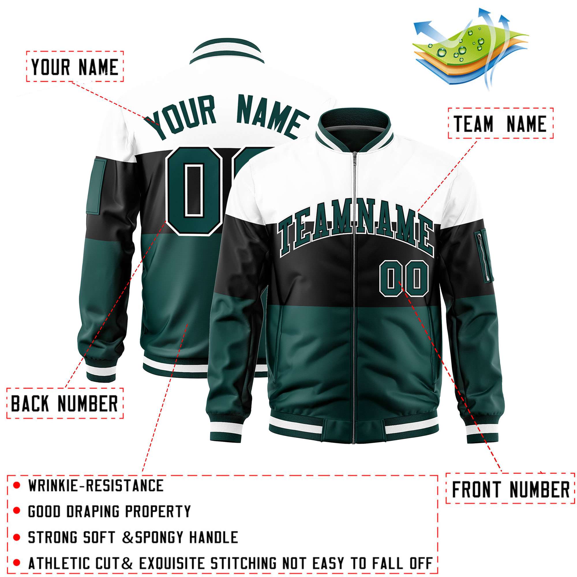 Custom White Black-Midnight Green Varsity Full-Zip Color Block Letterman Bomber Jacket