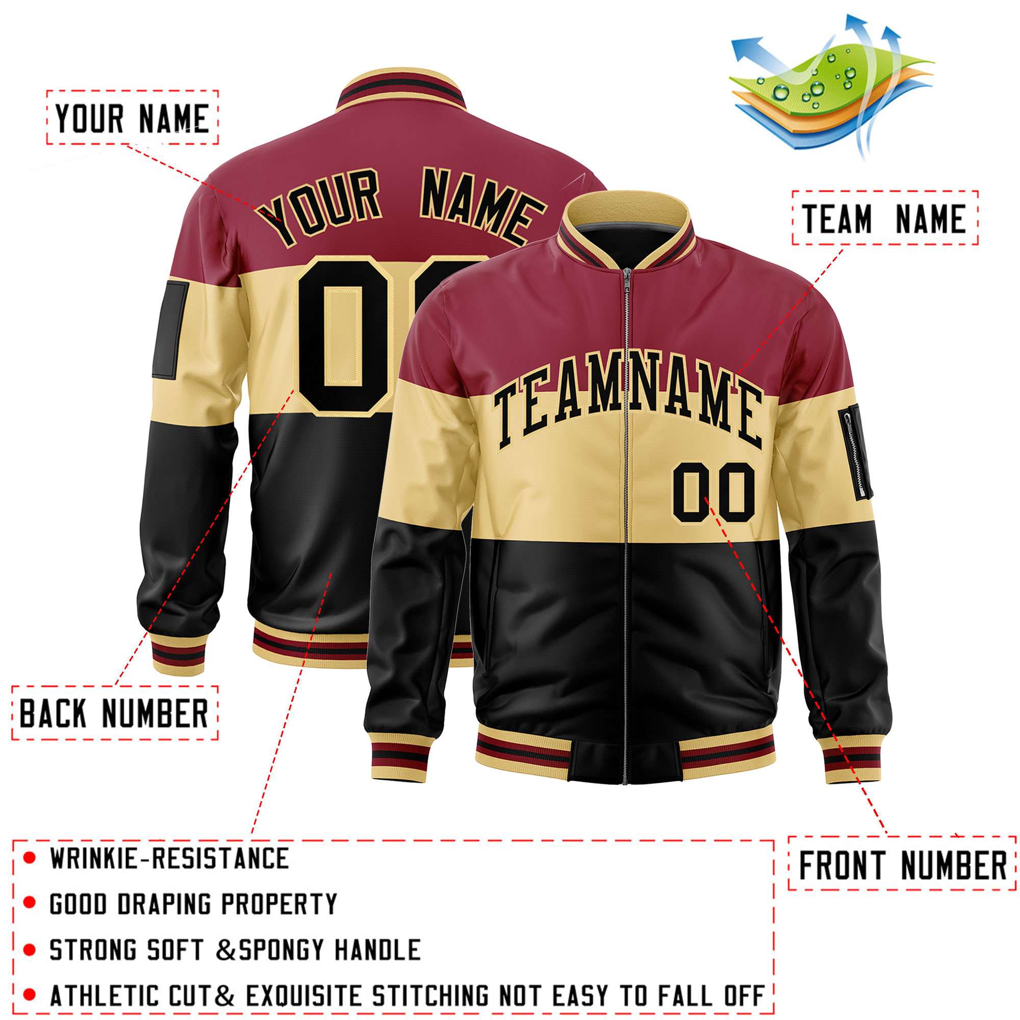 Custom Crimson Khaki-Black Varsity Full-Zip Color Block Letterman Bomber Jacket