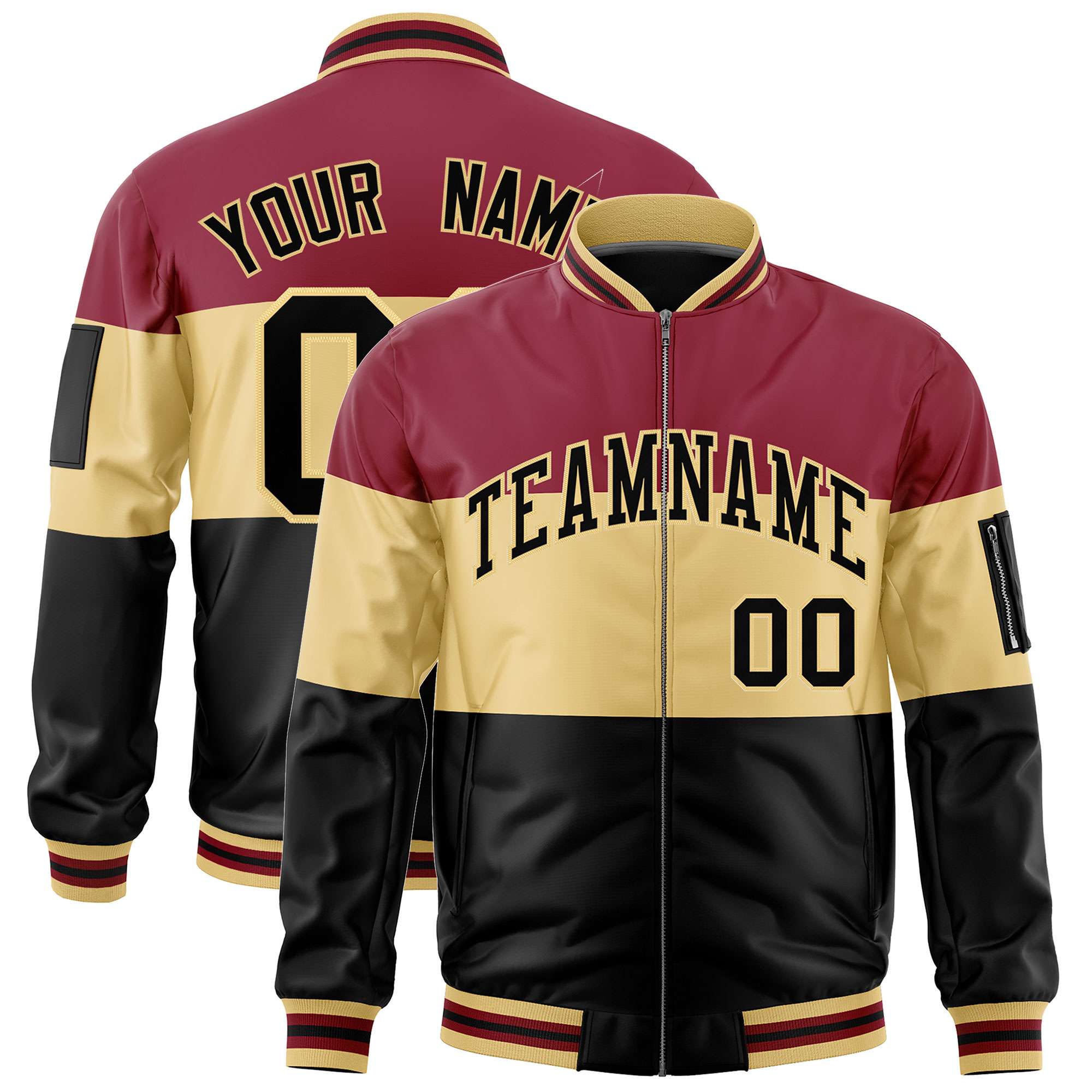 Custom Crimson Khaki-Black Varsity Full-Zip Color Block Letterman Bomber Jacket