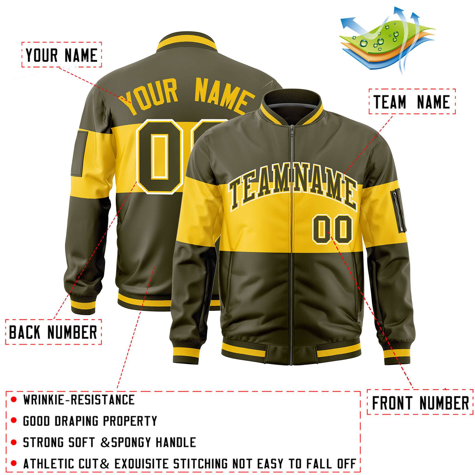 Custom Olive Gold-Olive Varsity Full-Zip Color Block Letterman Bomber Jacket