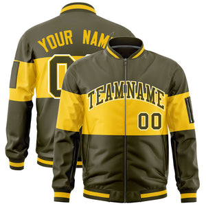 Custom Olive Gold-Olive Varsity Full-Zip Color Block Letterman Bomber Jacket