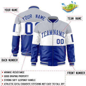 Custom Silver White-Royal Varsity Full-Zip Color Block Letterman Bomber Jacket