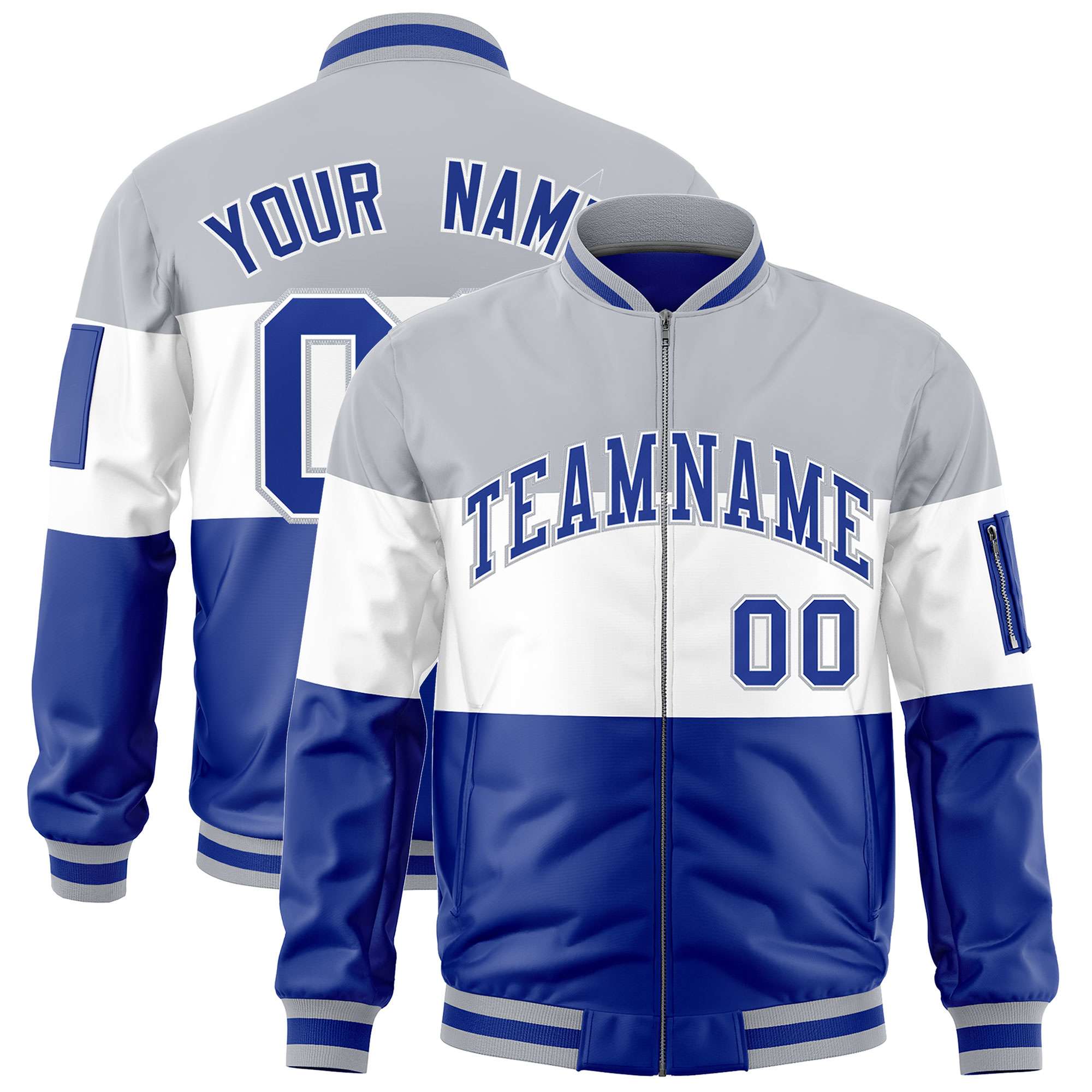 Custom Silver White-Royal Varsity Full-Zip Color Block Letterman Bomber Jacket